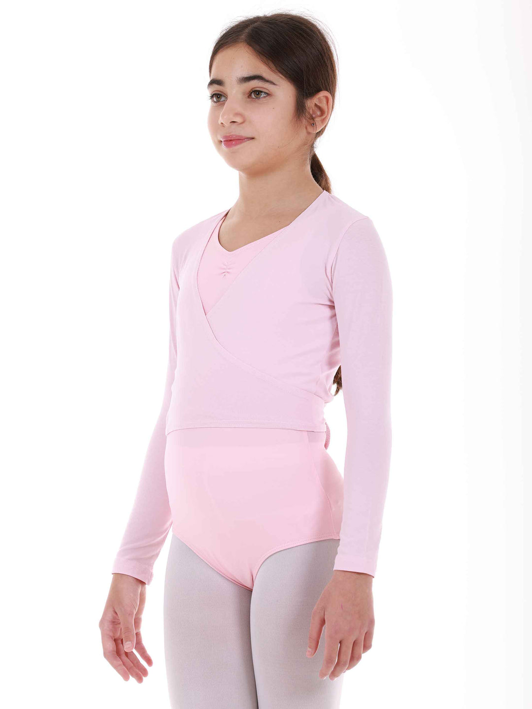 Cache-cœur de ballet rose clair pour fille – coupe classique et matière stretch confortable.