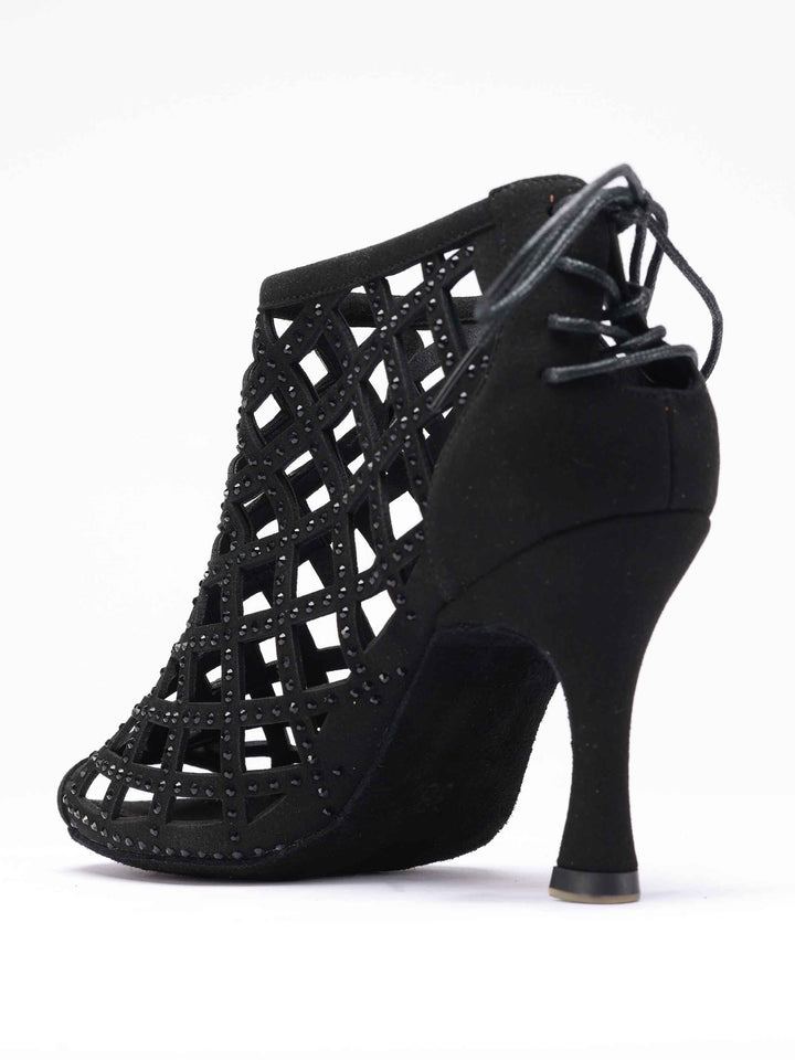 Chaussures de danse latine pour femme, modèle Adriana, couleur noir, avec talons évasés de 8,5 cm pour un look élégant et une stabilité optimale. Dotées de lacets à l&