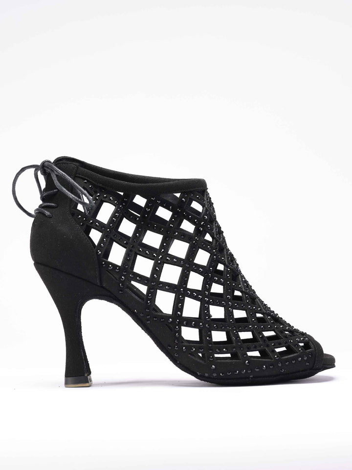 Chaussures de danse latine pour femme, modèle Adriana, couleur noir, avec talons évasés de 8,5 cm pour un look élégant et une stabilité optimale. Dotées de lacets à l&