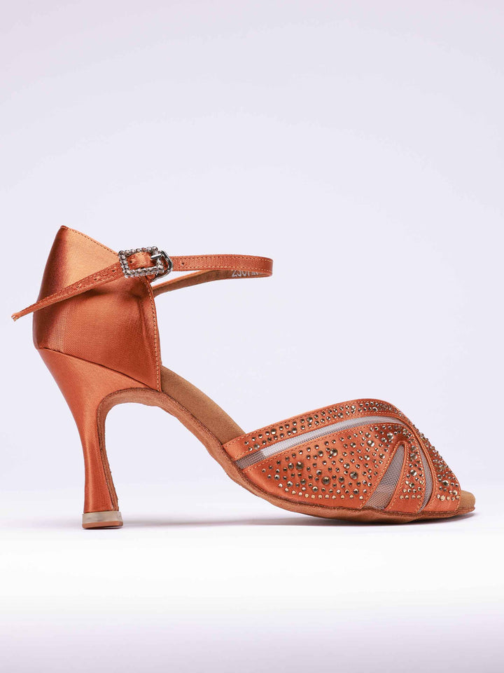 Latin dance shoes for women, modèle Anna avec rhinestones, couleur tan, avec mesh transparente à l&