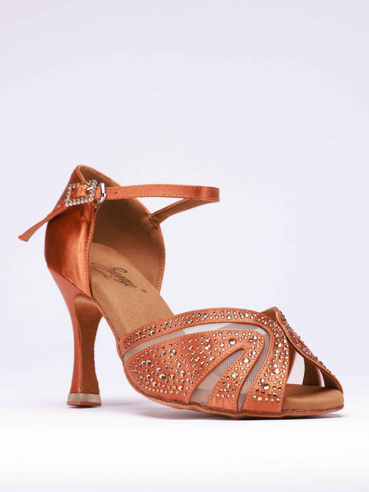 Latin dance shoes for women, modèle Anna avec rhinestones, couleur tan, avec mesh transparente à l&