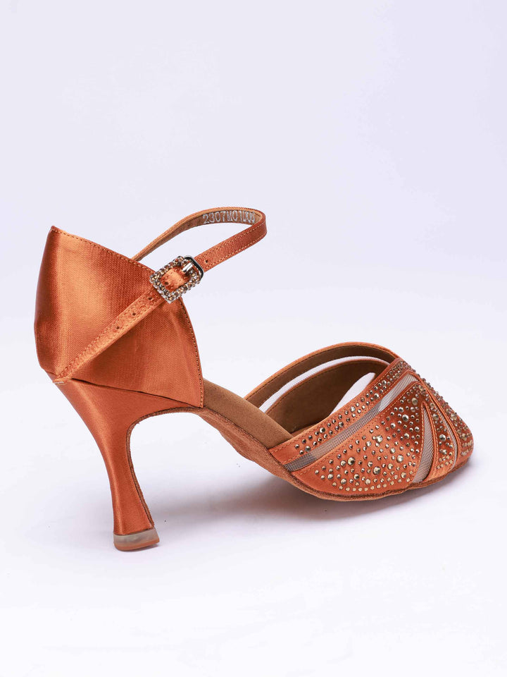 Latin dance shoes for women, modèle Anna avec rhinestones, couleur tan, avec mesh transparente à l&