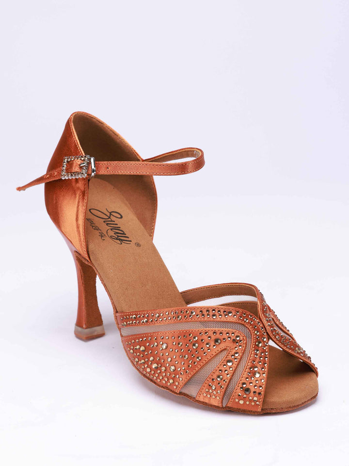 Latin dance shoes for women, modèle Anna avec rhinestones, couleur tan, avec mesh transparente à l&