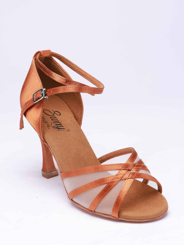 Latin dance shoes for women, modèle Emma, design à 4 brides avec détails en mesh transparent à l&