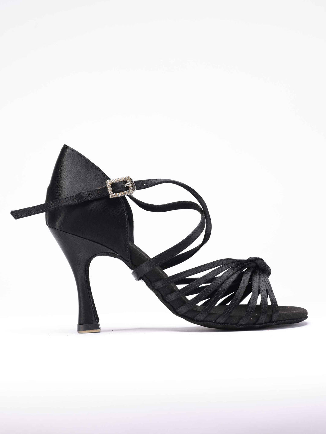 Chaussures de danse latine pour femme, modèle Irina, 8 fines brides à l'avant avec un nœud élégant, talon rétro de 8,5 cm, couleur noir - vue de côté