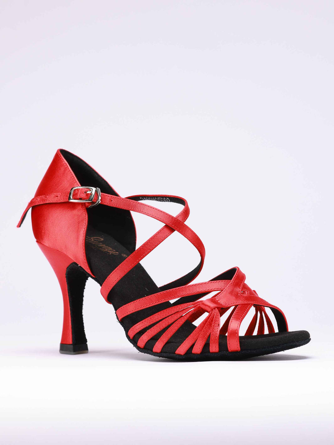 Latin dance shoes for women, modèle Lula, finition en satin red, boucle en métal, 2 larges lanières et 6 fines lanières latérales