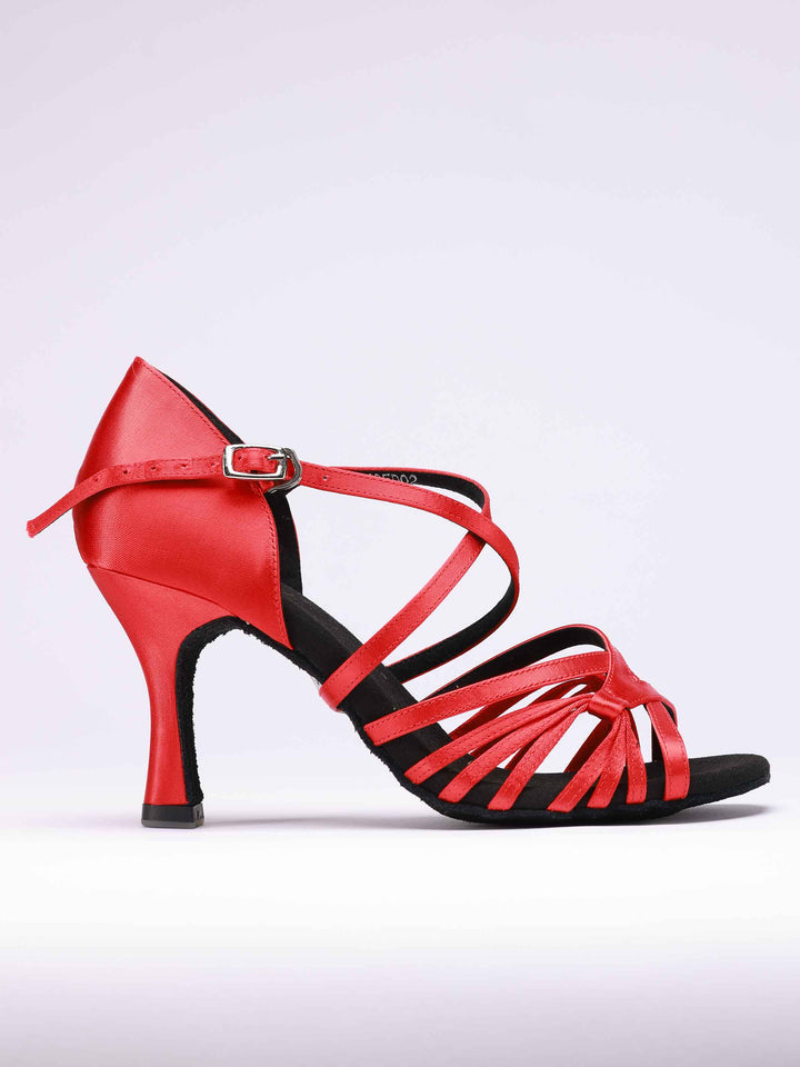 Latin dance shoes for women, modèle Lula, finition en satin red, boucle en métal, 2 larges lanières et 6 fines lanières latérales - vue de côté