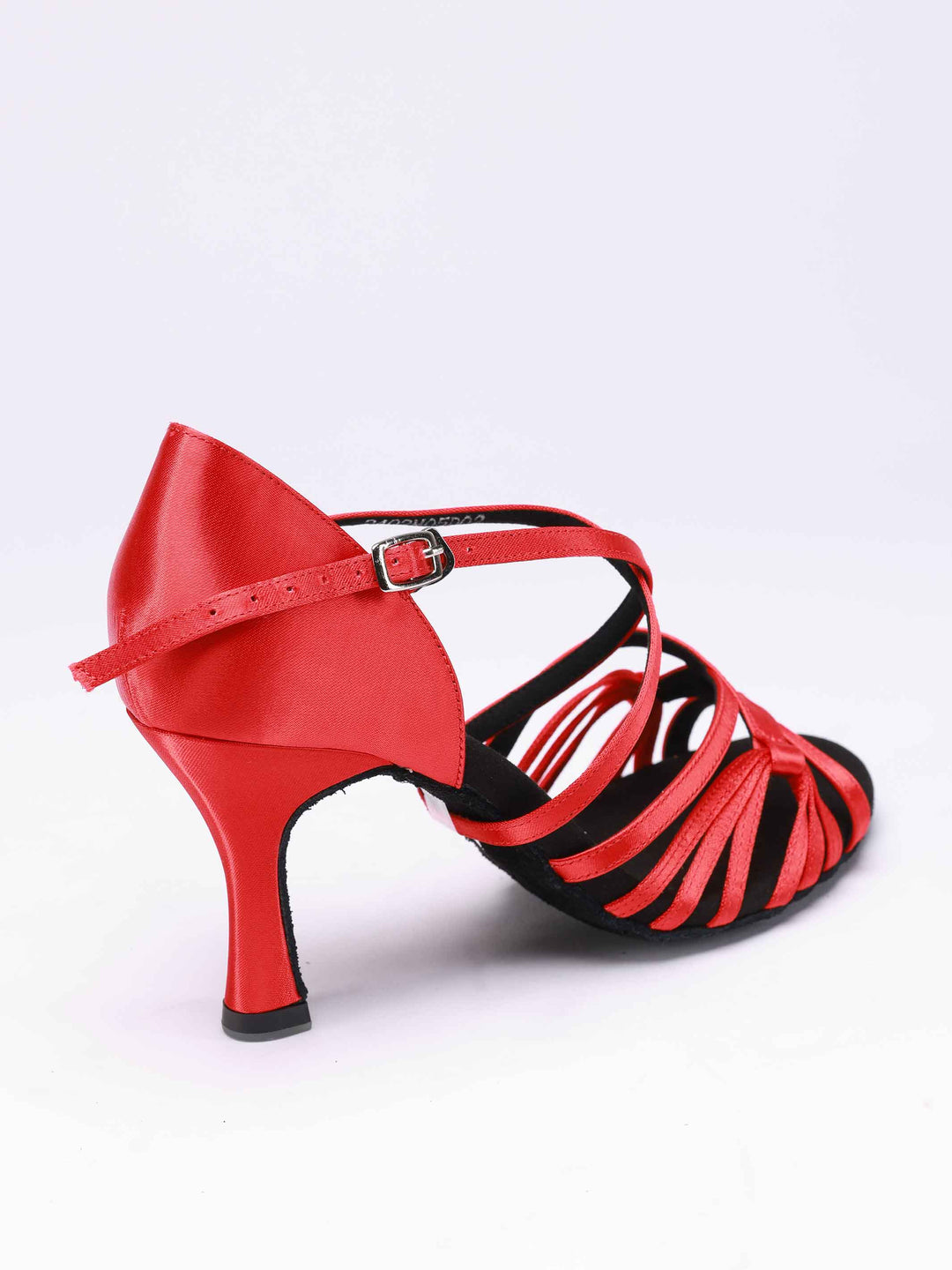 Latin dance shoes for women, modèle Lula, finition en satin red, boucle en métal, 2 larges lanières et 6 fines lanières latérales - vue arrière