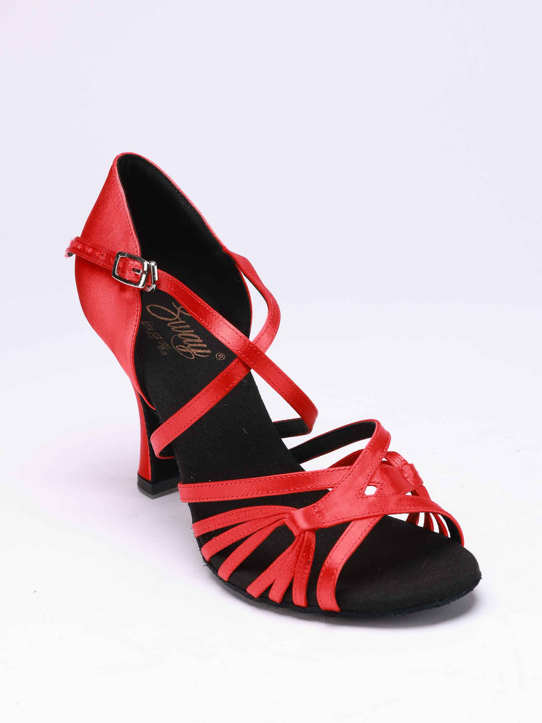 Latin dance shoes for women, modèle Lula, finition en satin red, boucle en métal, 2 larges lanières et 6 fines lanières latérales - vue de haut