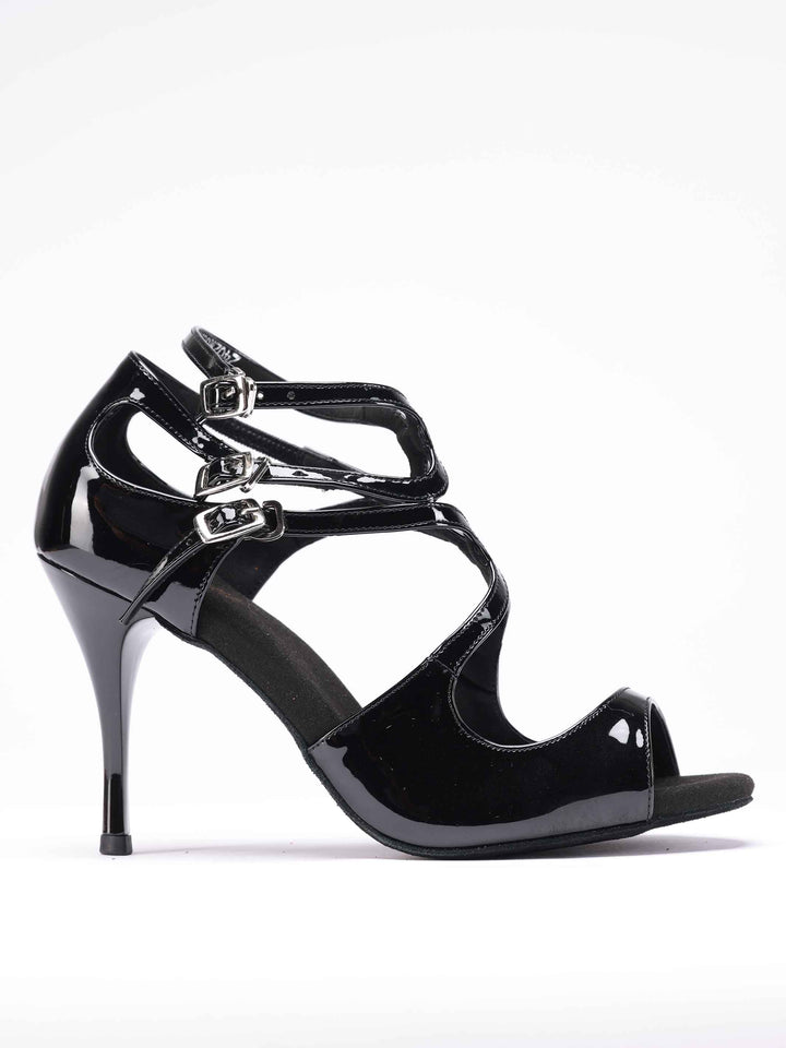 Dance shoes tango en cuir verni black brillant, modèle Magali, avec triple bride à boucle - vue de côté