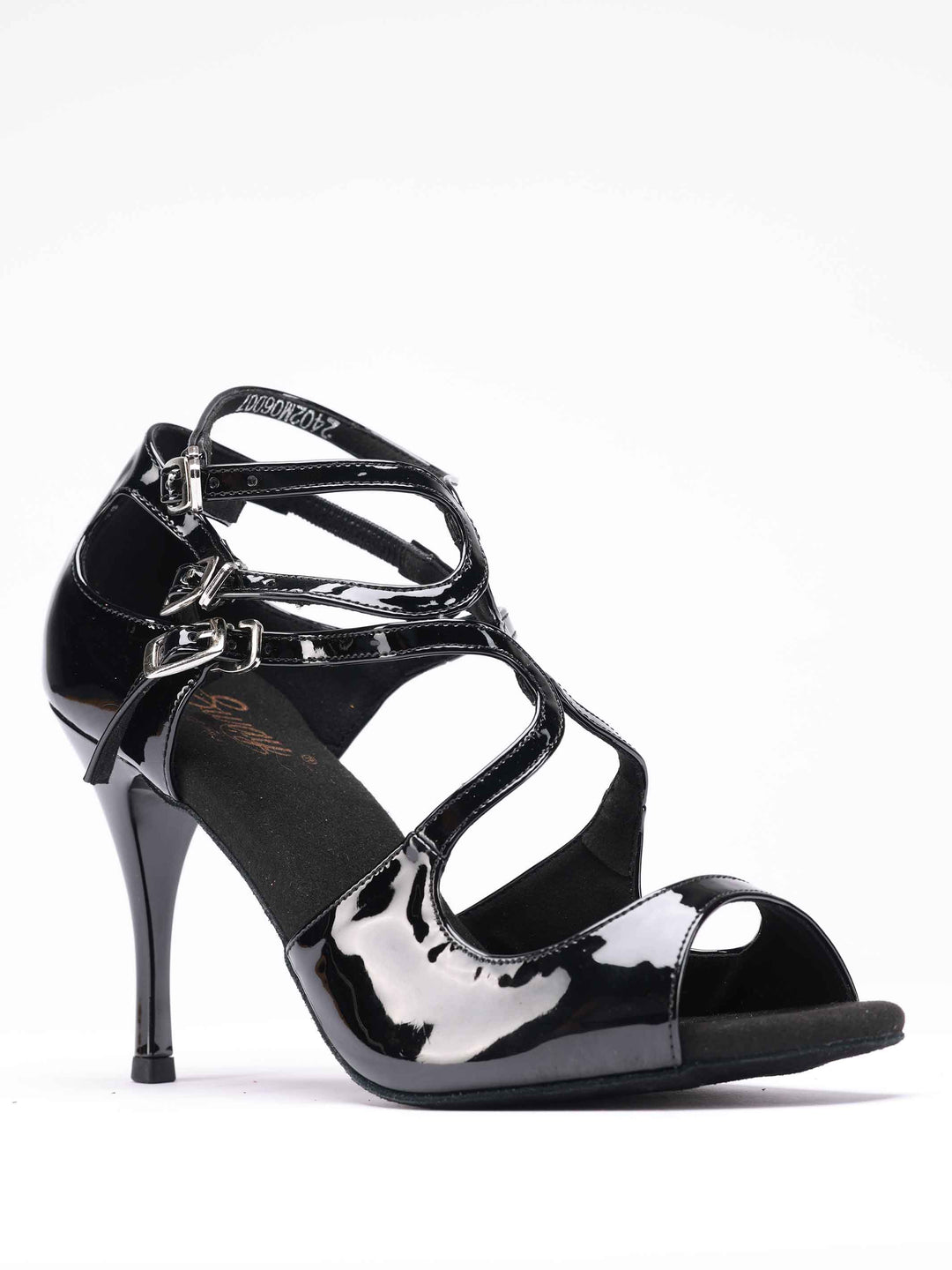 Dance shoes tango in cuir verni black brillant, modèle Magali, with triple bride with boucle