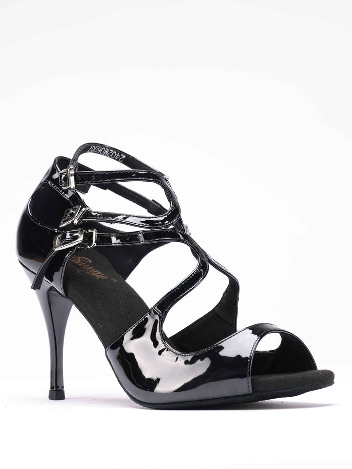 Dance shoes tango in cuir verni black brillant, modèle Magali, with triple bride with boucle