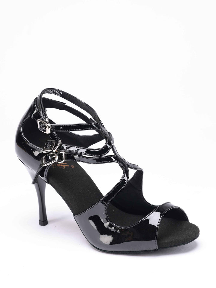 Dance shoes tango en cuir verni black brillant, modèle Magali, avec triple bride à boucle - vue de haut