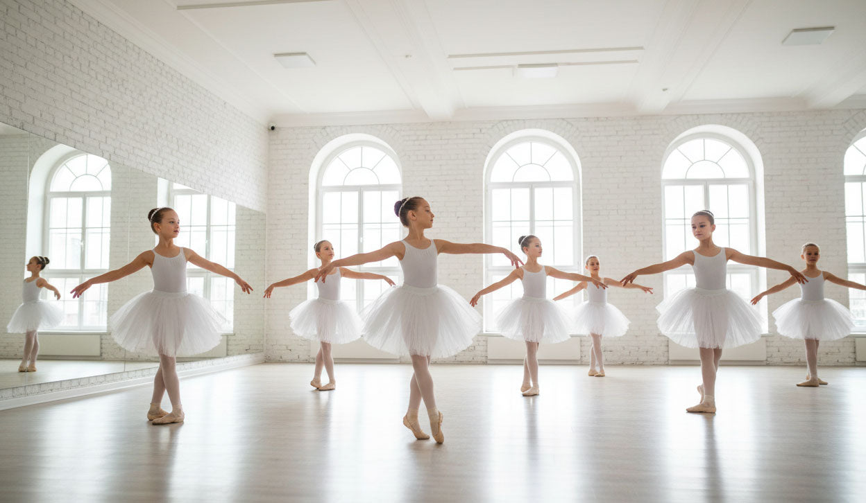Jóvenes bailarinas con tutús blancos practicando ballet en un estudio luminoso.