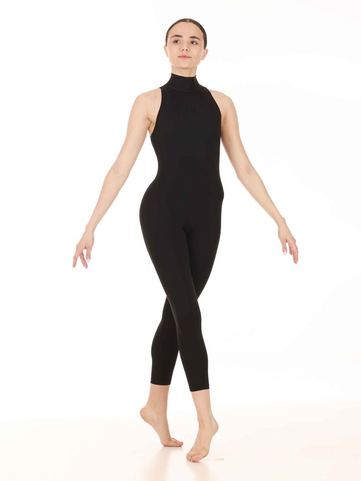 Combinaison de danse et yoga pour femme, col halter avec crochets métalliques flexibles, dos ouvert avec deux larges bretelles, coupe legging, couleur noire, pour un style épuré et moderne
