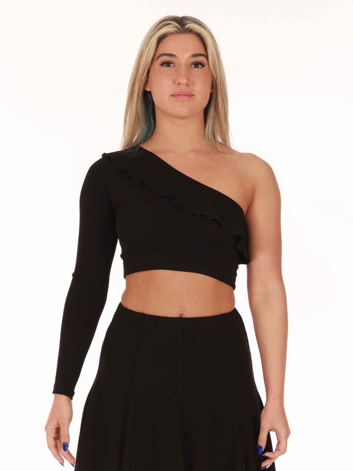 Crop top flouncy pour danse latine femme, conception asymétrique avec une seule manche, adaptable des deux côtés, coupe ajustée et crop, détail volanté du devant à l&