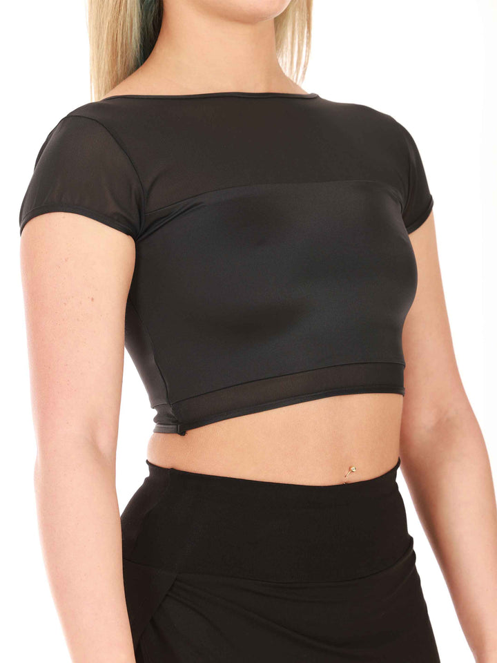 Crop top de danse en mesh à short sleeves for women, conception réversible pouvant se porter à l&