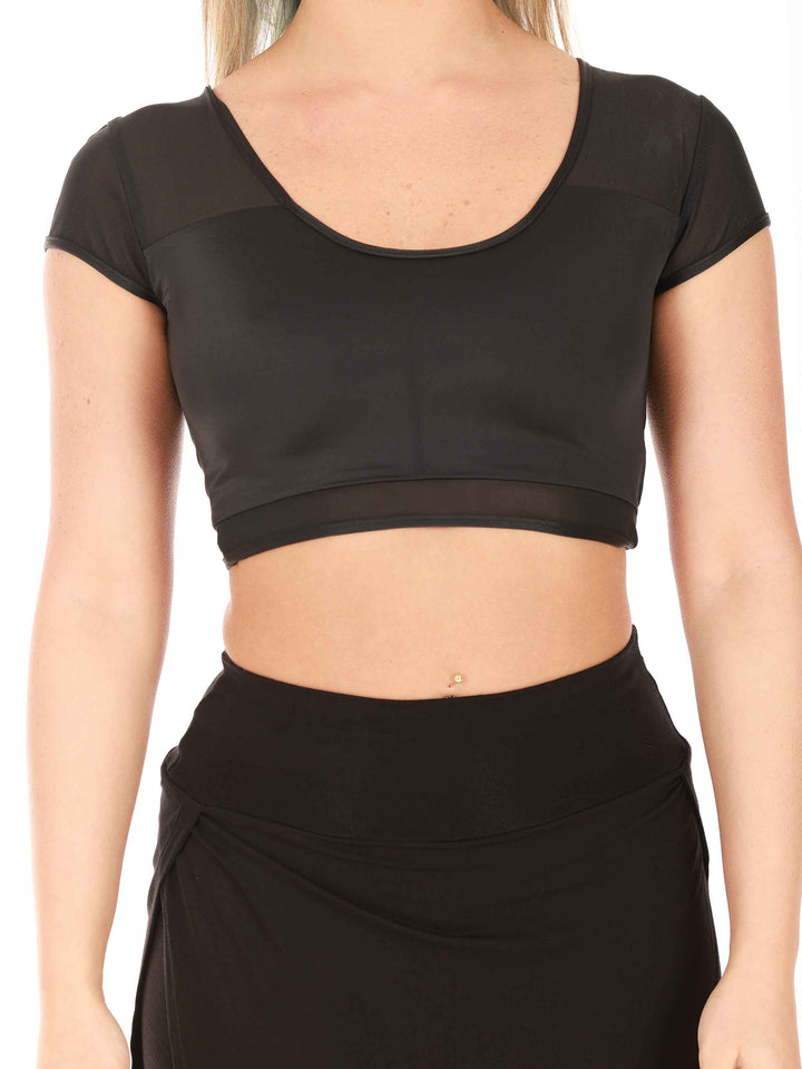 Crop top de danse en mesh à short sleeves for women, conception réversible pouvant se porter à l&