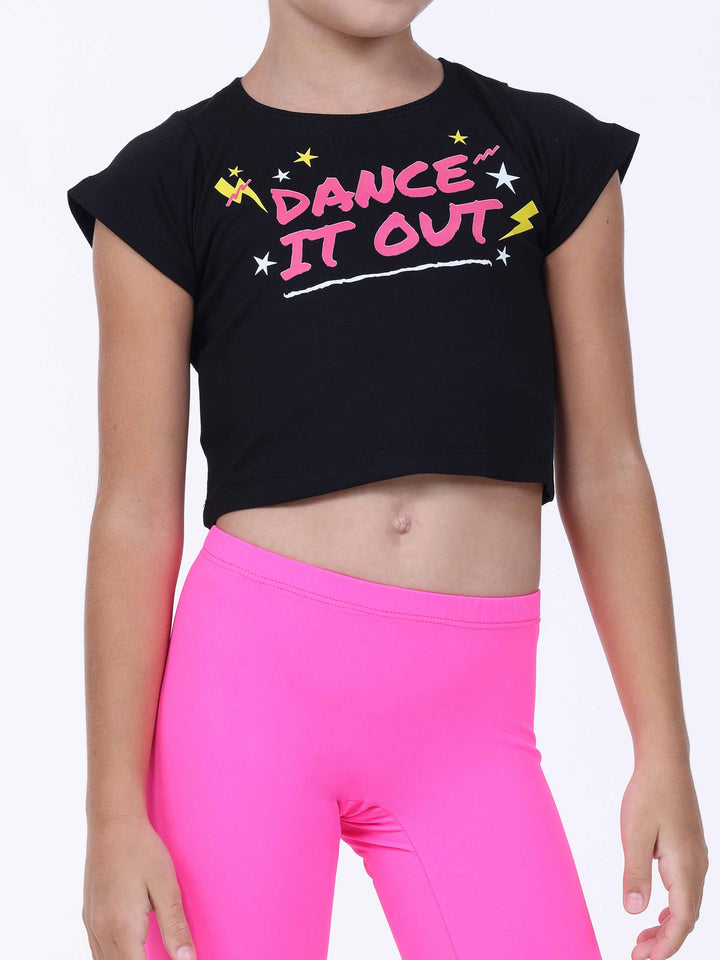 Crop top black of danse for girls with imprimé coloré “Dance It Out” in pink and yellow.