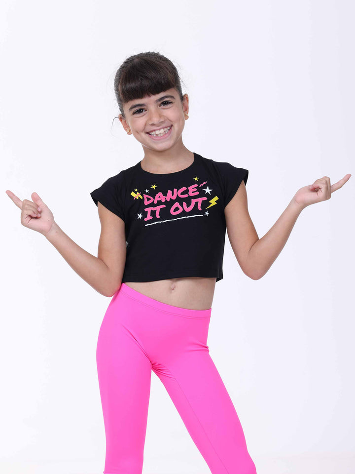 Crop top black with short sleeves for jeune dancer – imprimé dynamique “Dance It Out”.