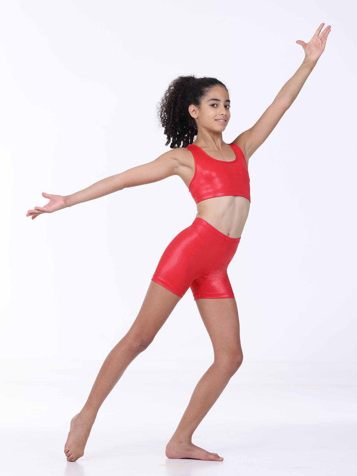 Brassière and short of gymnastique red – tissu stretchy effet brillant.