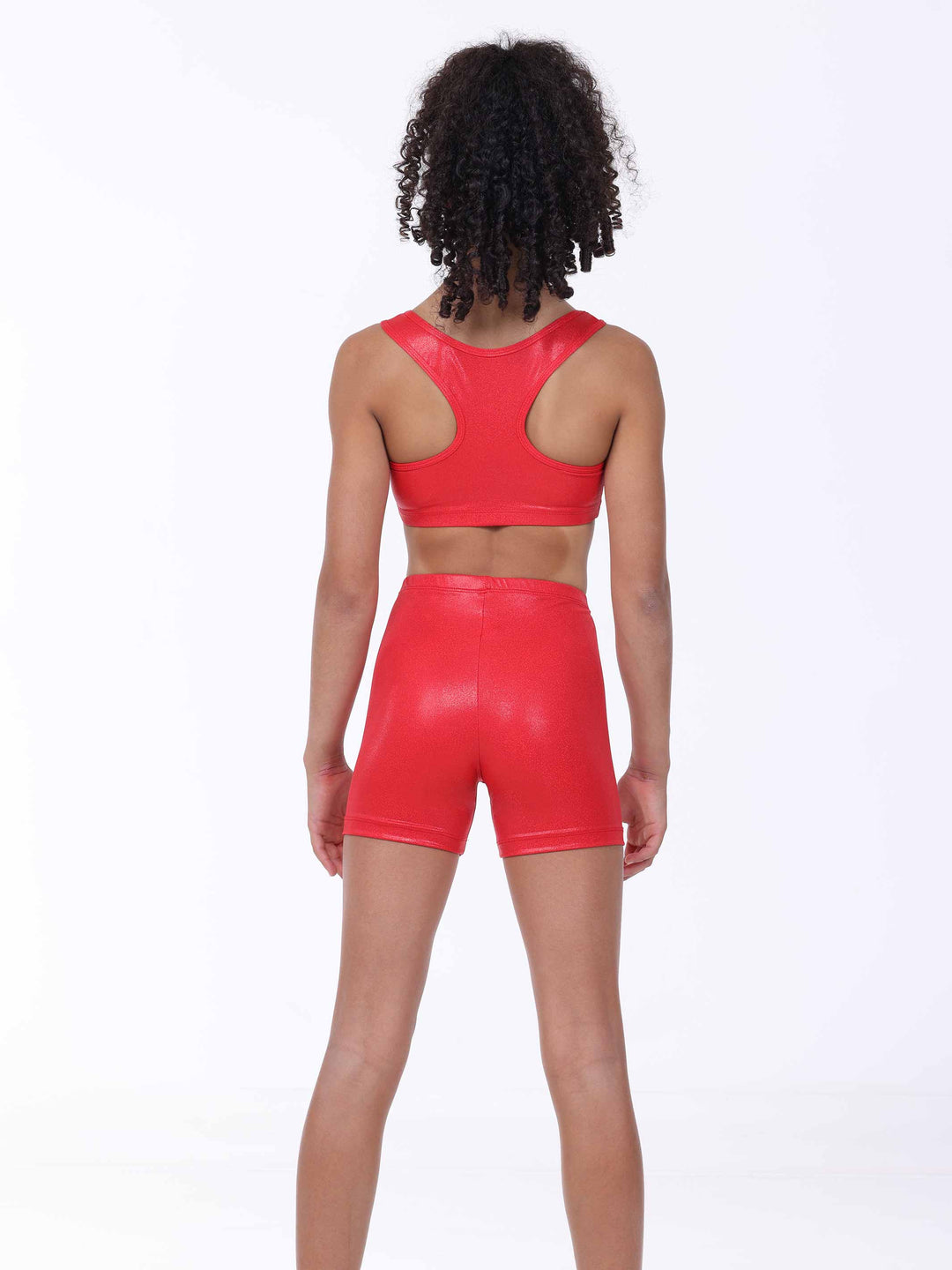 Vue arrière de l’ensemble de gymnastique for girls red métallisé – brassière dos nageur et short assorti.