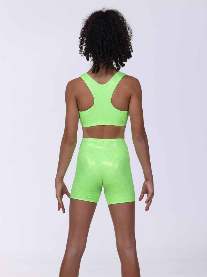 Vue arrière complète of l’ensemble vert citron – brassière and short scintillants for girls.