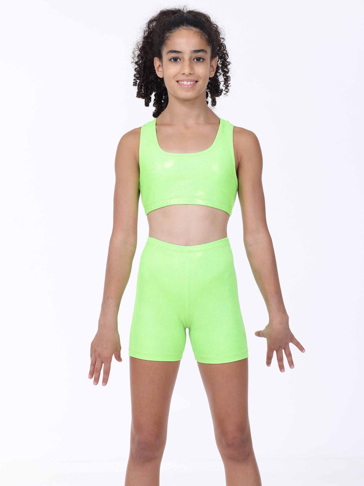 Tenue of gymnastique vert citron for girls – brassière courte and short stretchy assorti.