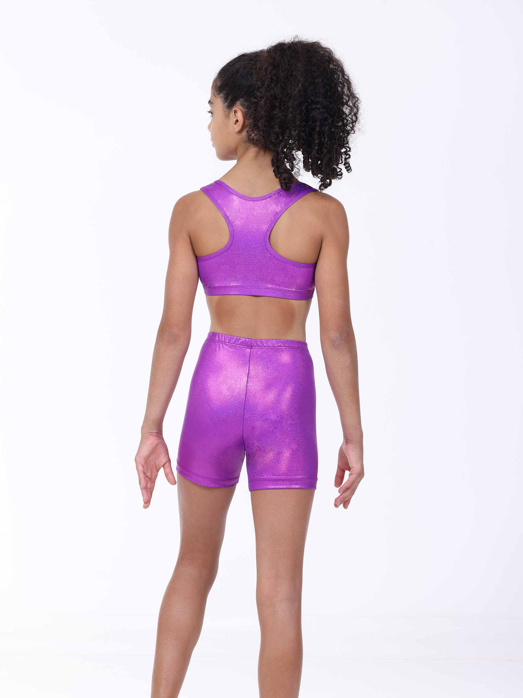 Vue arrière of the brassière dos nageur and short of gymnastique purple métallisé for girls.