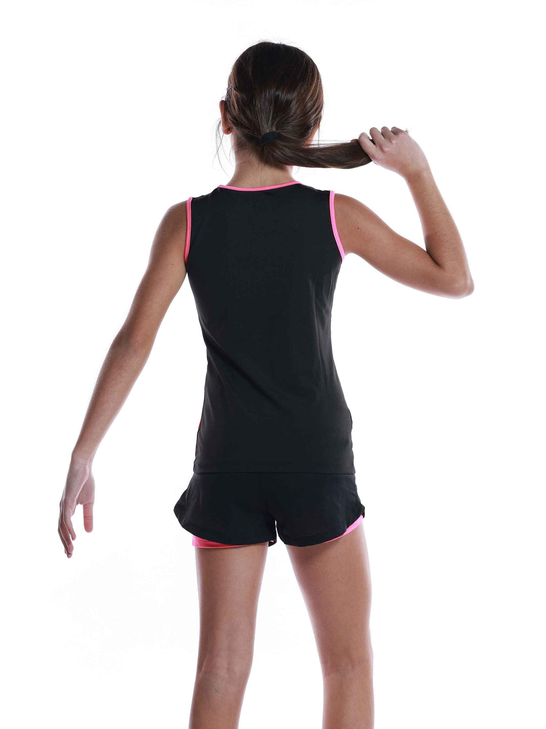 Ensemble de sport perforé noir et rose vif pour filles - vue arrière du haut et du short