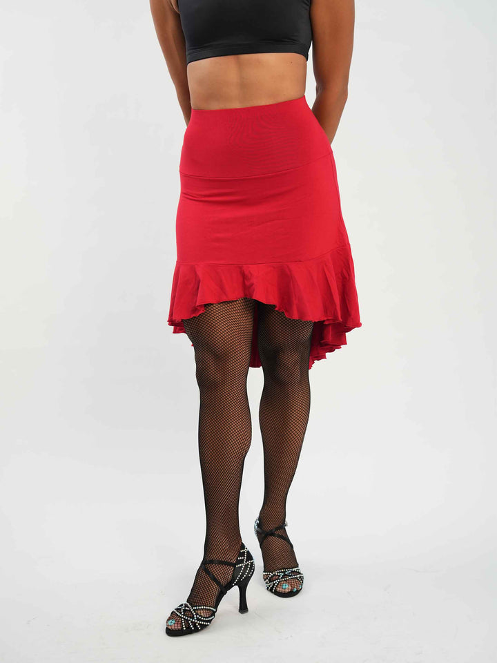 Skirt of Latin dance red with volant asymétrique – coupe fishtail elegant and taille haute.