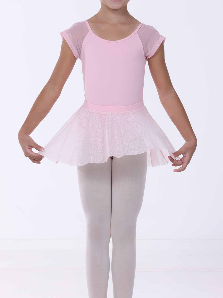 Gonna di danse rosa clair à enfiler – pizzo florale délicate su tulle transparent.