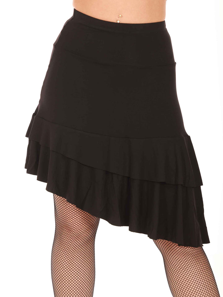 Skirt de Latin dance for women, ourlet asymétrique avec volants superposés, coupe taille haute, modèle Sofia, couleur blacke