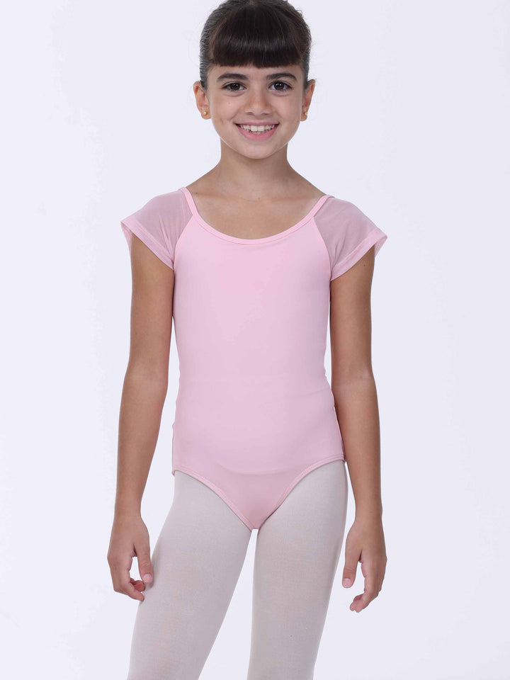 Leotards of danse pink clair for girls – short sleeves in tulle and encolure arrondie.