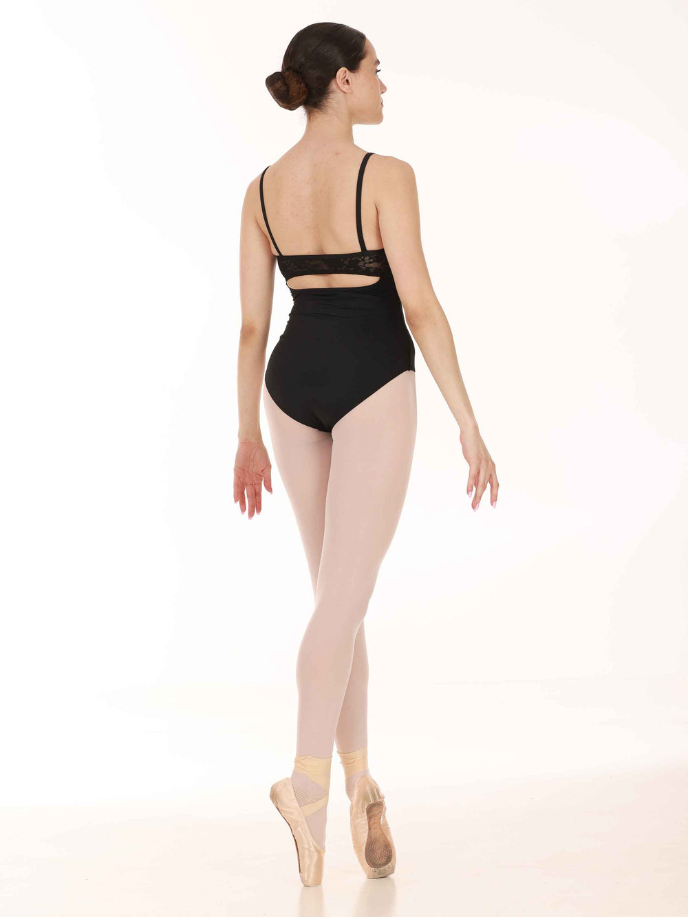 Justaucorps de ballet pour femme, noir, avec dos en dentelle et ouverture en goutte d'eau pour une touche élégante et raffinée. Conçu avec des bretelles fines pour une silhouette épurée et un bon maintien, idéal pour le ballet et la danse classique - vue arrière