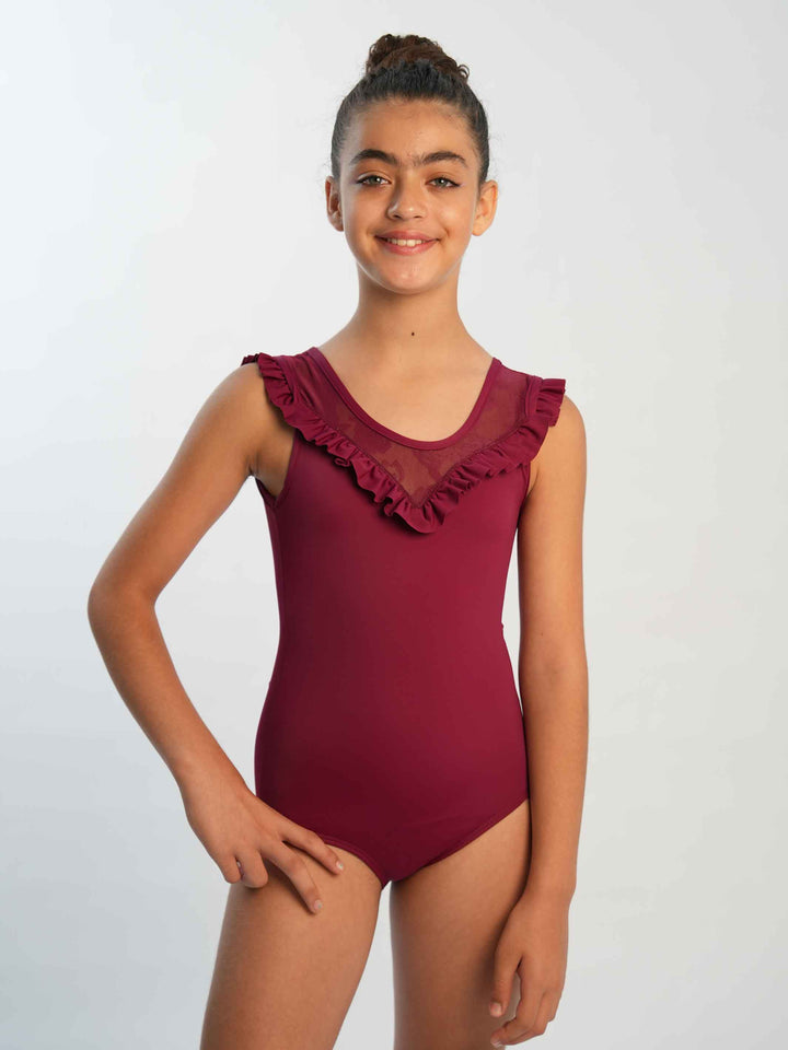 Leotards de ballet for girls avec mancherons en lace, détails en mesh et lace, dos échancré, couleur bourgogne