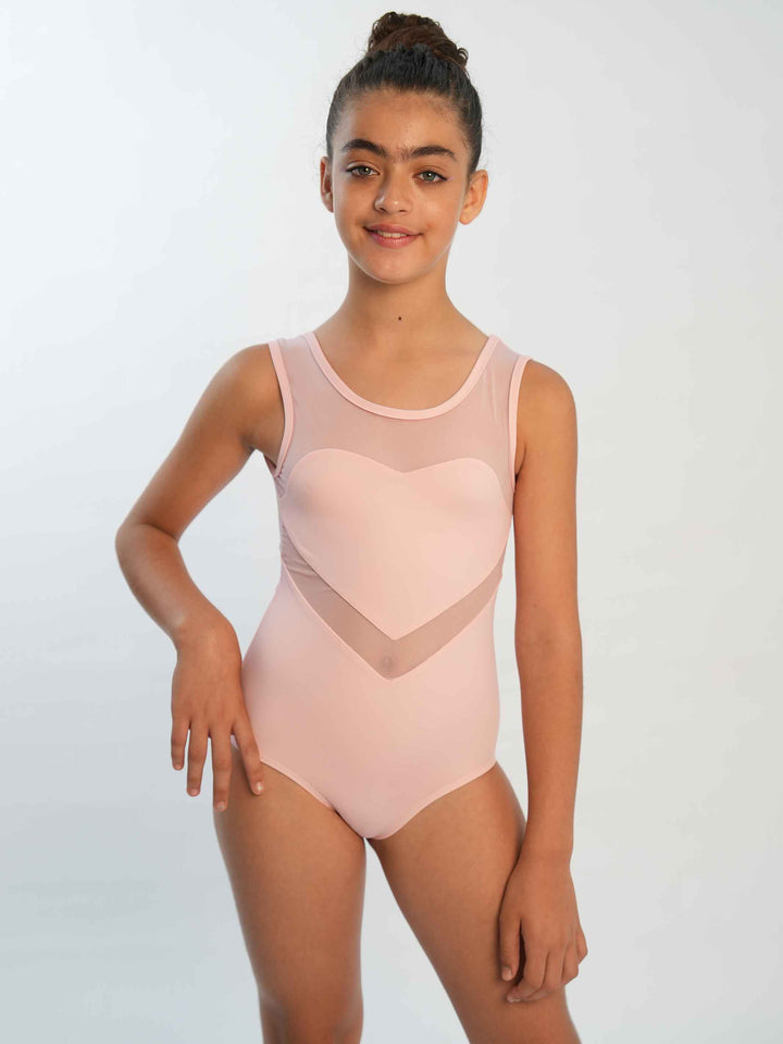 Leotards de ballet sleeveless for girls, design en résille en forme de cœur, couleur pink clair, idéal pour les jeunes dancers à la recherche d’une tenue spéciale