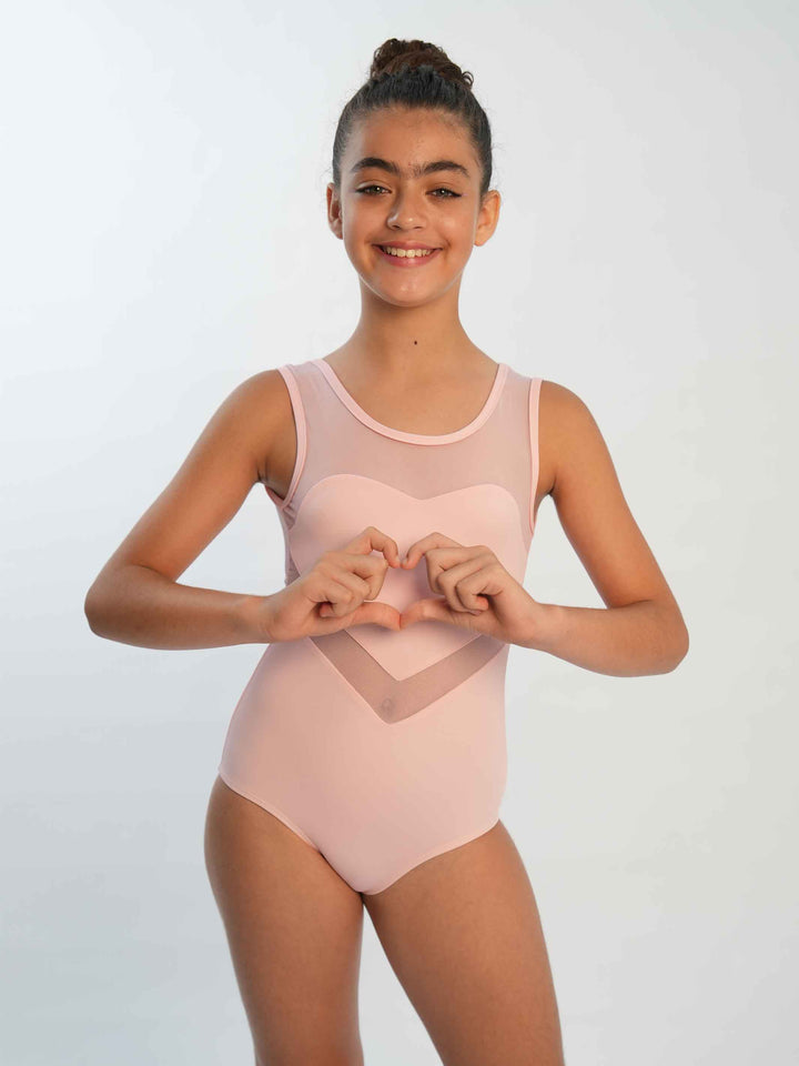 Leotards de ballet sleeveless for girls, design en résille en forme de cœur, couleur pink clair, idéal pour les jeunes dancers à la recherche d’une tenue spéciale