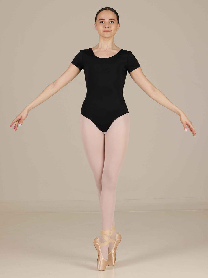 Justaucorps de ballet à manches courtes, encolure arrondie et dos dégagé pour femme, couleur noir