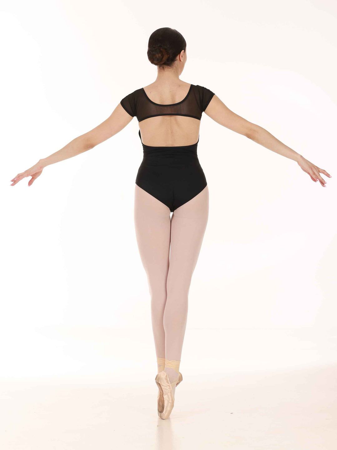 Justaucorps de ballet à manches courtes en dentelle pour femme, dos ouvert avec un effet aérien, conçu pour le ballet, couleur noire - vue arrière