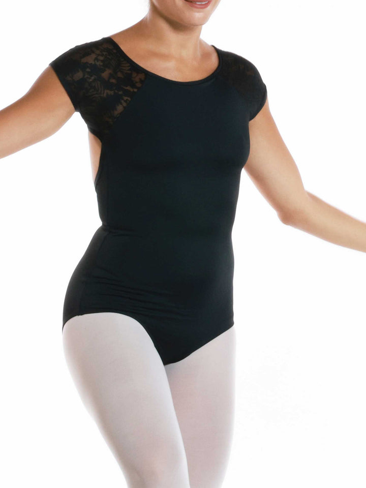 Leotards de ballet black à short sleeves en mesh imprimée for women - vue de face présentant la silhouette moderne et elegant