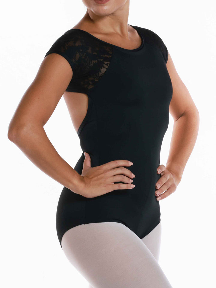 Leotards de danse black en mesh imprimée - vue de profil montrant la coupe fittede et les détails de la mesh légère