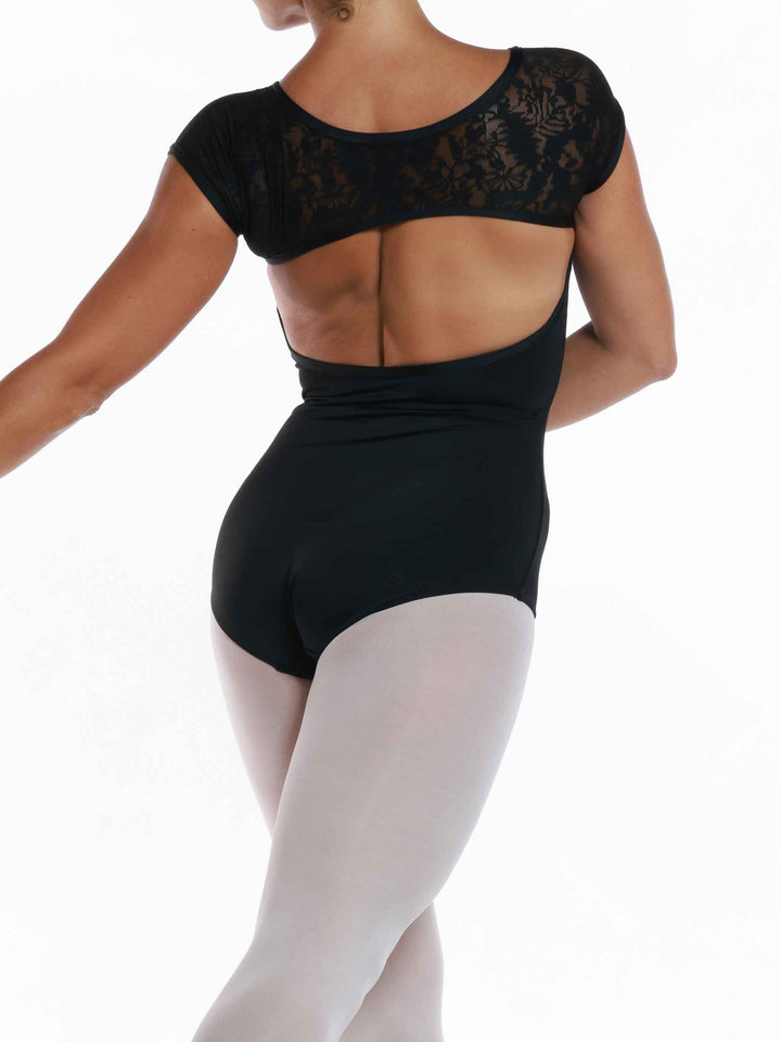 Leotard de ballet black for women - gros plan sur la texture de la mesh imprimée et les finitions des short sleeves