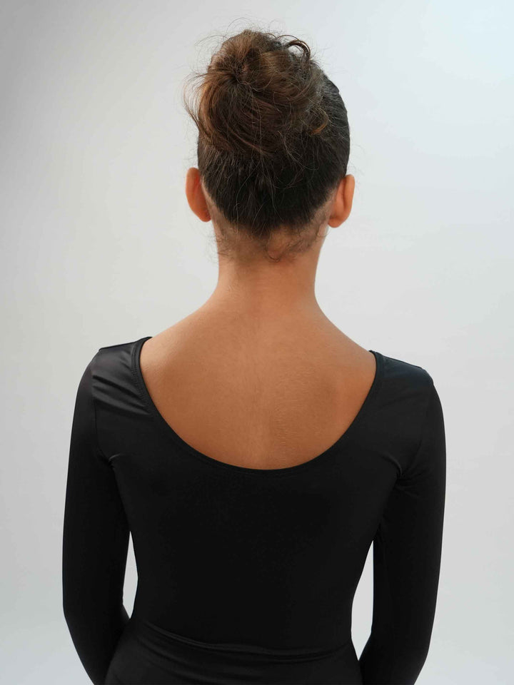 Body de ballet à maniche lunghe da bambina, couleur nero, conçu pour le comfort et la performance en danza classica - vue arrière