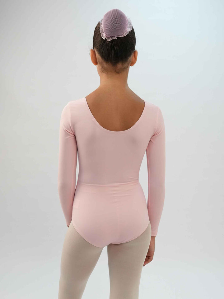 Body de ballet à maniche lunghe da bambina, couleur rosa clair, conçu pour le comfort et la performance en danza classica - vue arrière