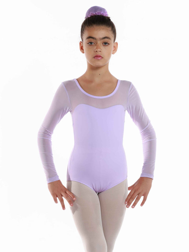 Body de ballet en mesh à maniche lunghe da bambina, encolure dégagée à l&