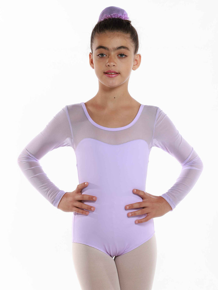 Body de ballet en mesh à maniche lunghe da bambina, encolure dégagée à l&