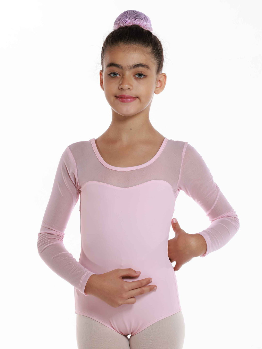 Body de ballet en mesh à maniche lunghe da bambina, encolure dégagée à l&