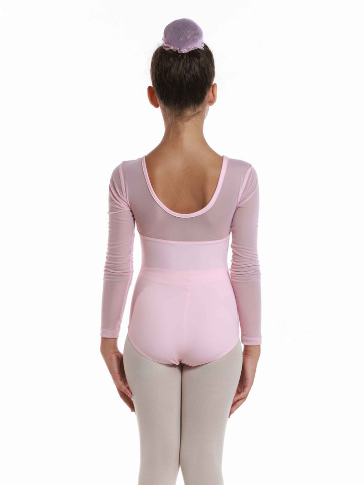 Body de ballet en mesh à maniche lunghe da bambina, encolure dégagée à l&