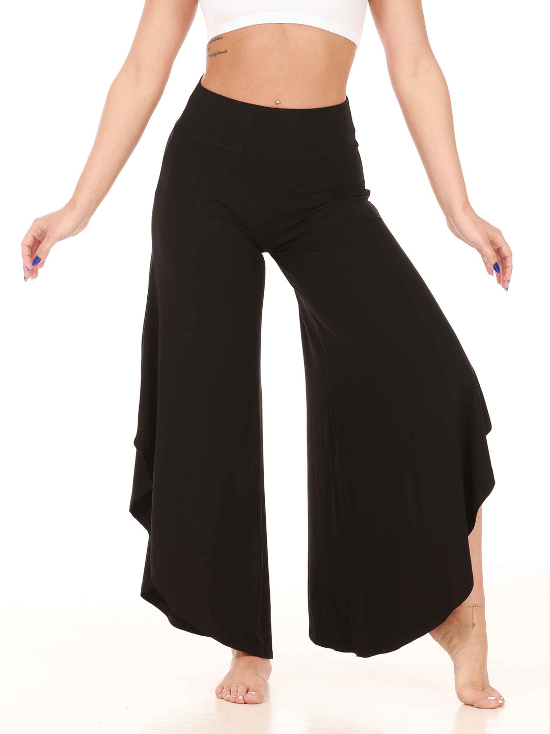 Pantalon flouncy pour danse jazz, danse contemporaine et spectacles pour femme, coupe large et évasée, taille haute pour un ajustement flatteur et sécurisé, couleur noir - vue de face